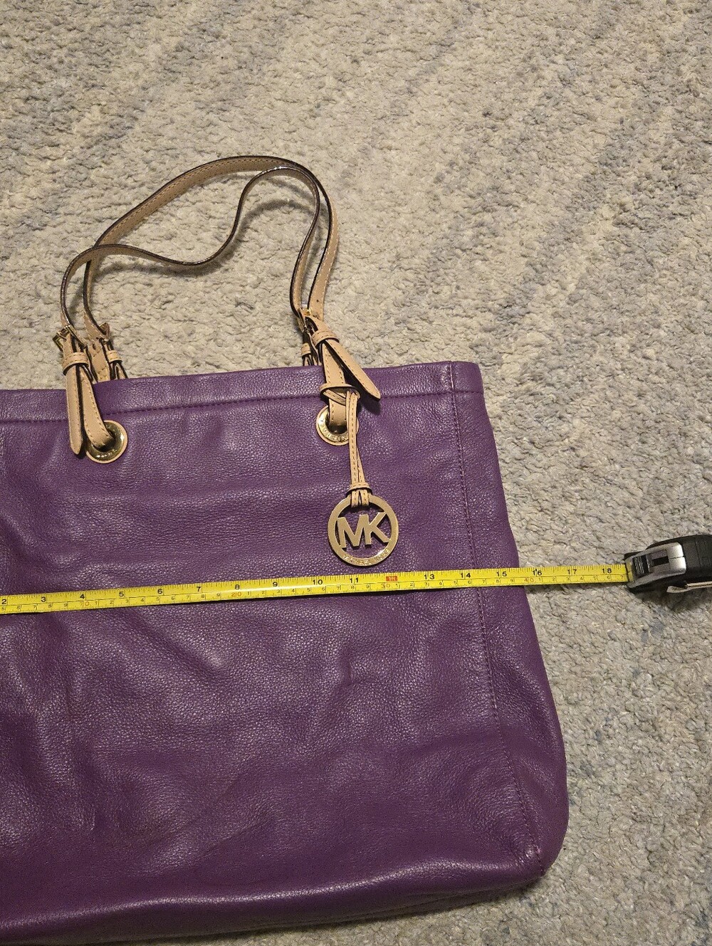 Michael Kors Purple Pebbled Leather Tote Bag Shoulder Purse MK Charm Large - Picture 4 of 11